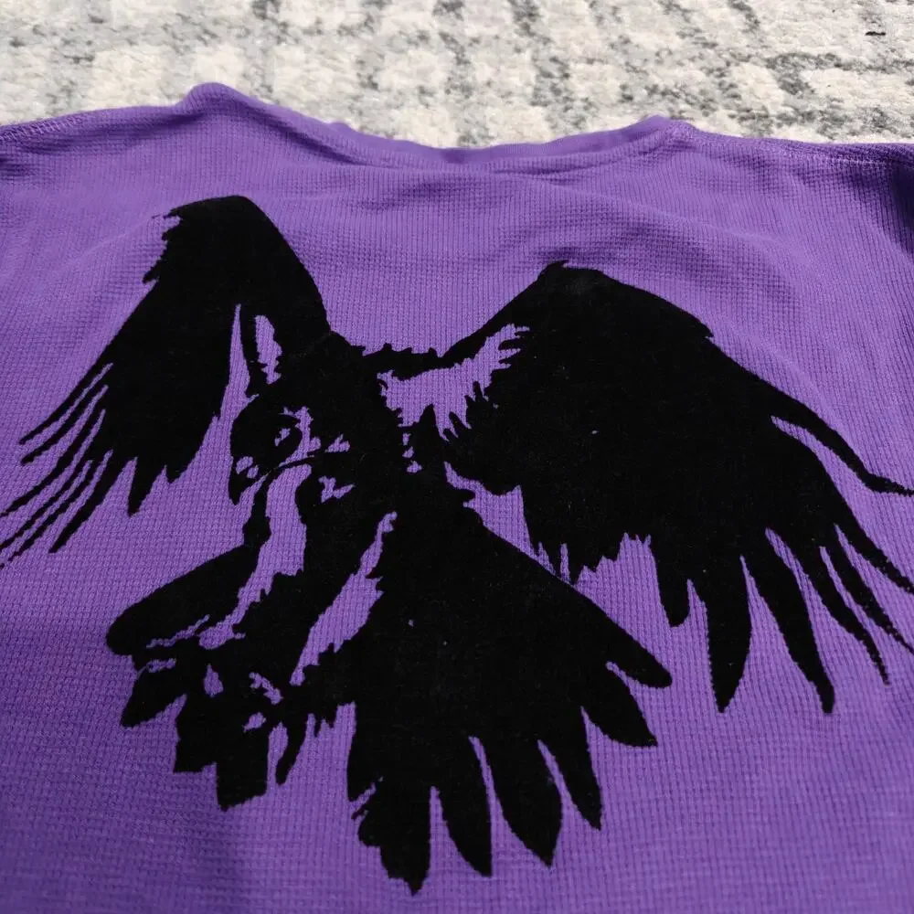 Nostic Y2K Mens L Purple Thermal Waffle Long Sleeve Graphic Shirt Velvet Flock